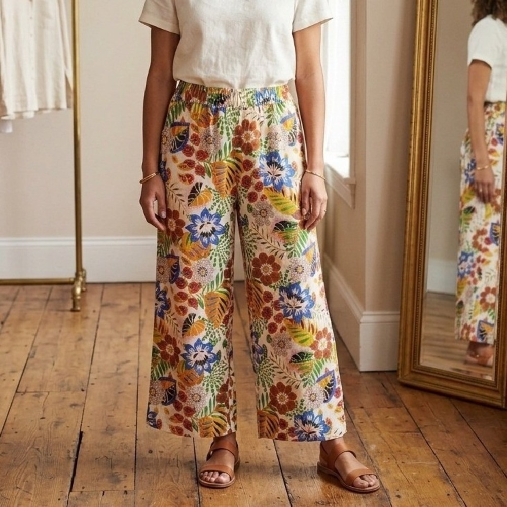 Floral Wide Leg Linen Pant High Waisted Elastic Waist Coastal Beachy Tropical XL